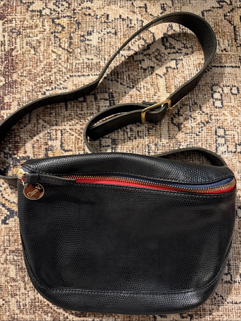 Clare V Black Leather Fanny Pack with Red and Blue Zipper Trim